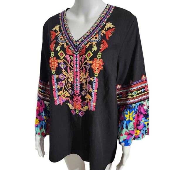 Calessa Womens Black Embroidered Bell Sleeve V-Neck‎ Peasant Tunic Top Size L - Picture 4 of 11